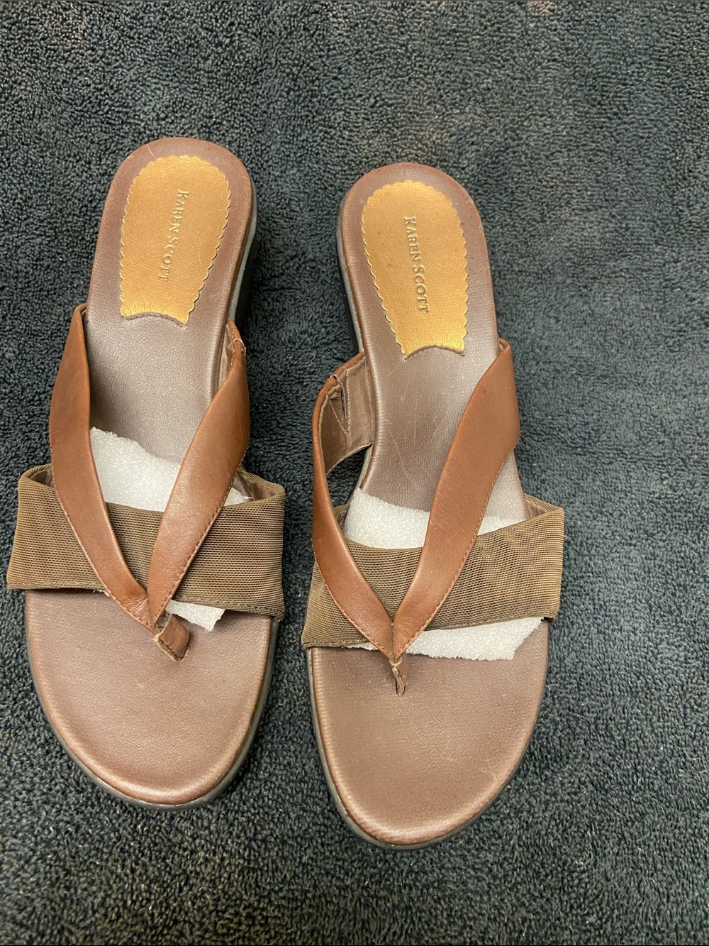 Karen Scott Brown Leather & Fabric Slide Sandals